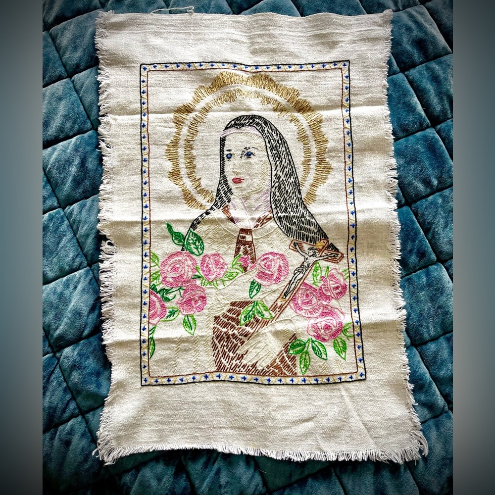 St. Therese of Lisieux Vintage Hand Embroidered Linen
